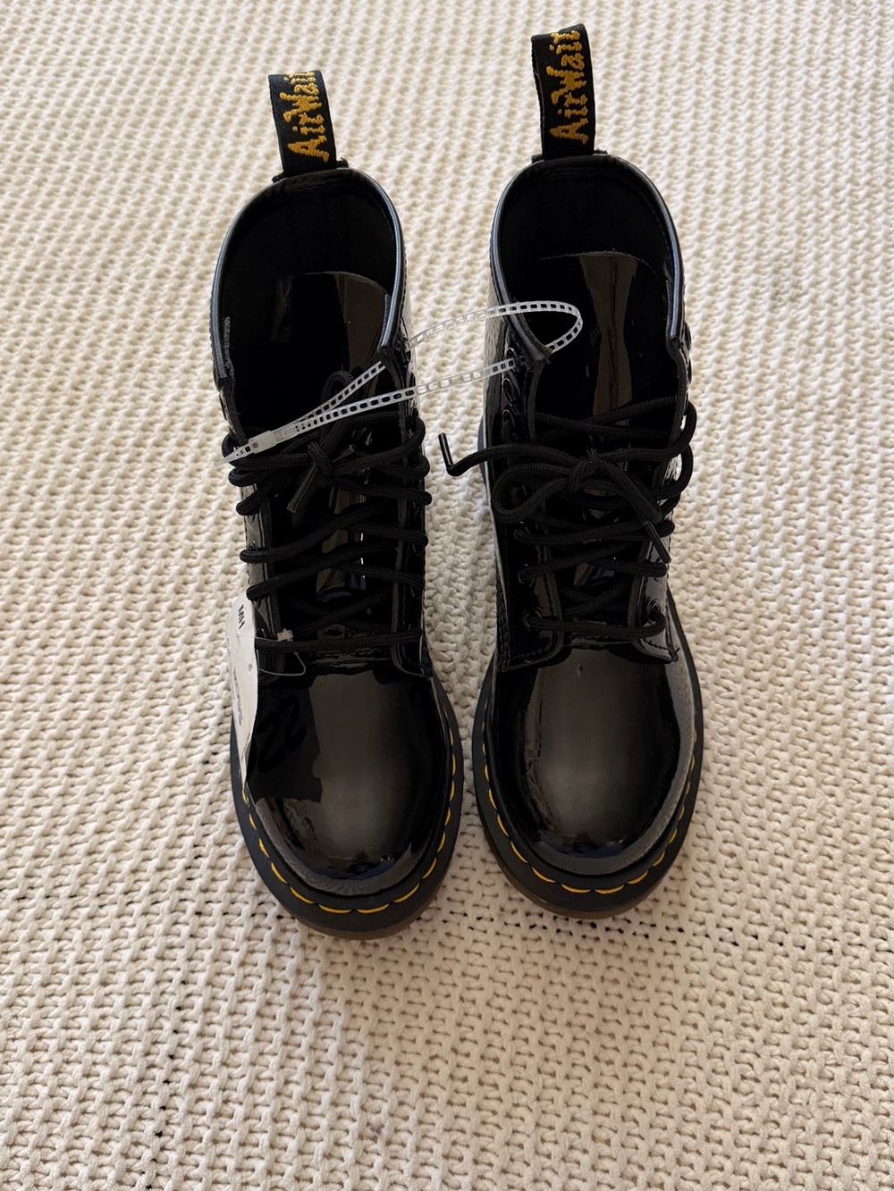 Dr. Martens Kids Black Patent Lace-Up Ankle Boots with Yellow Stitching